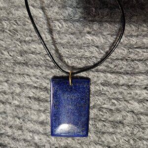 COPY - NWOT, dark lapis lazuli, pyrite specks, rectangle, pendant, black leathe…
